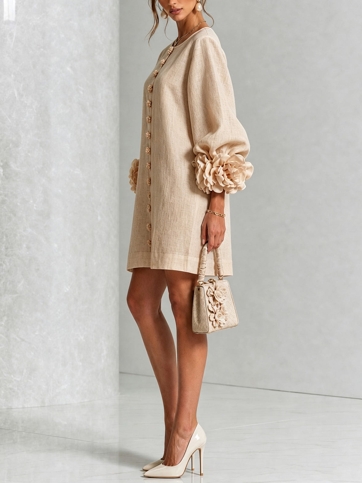 Long Balloon Sleeve 3D Flower Mini Dress