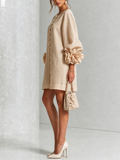 Long Balloon Sleeve 3D Flower Mini Dress