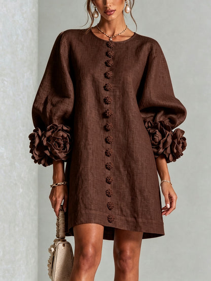 Long Balloon Sleeve 3D Flower Mini Dress