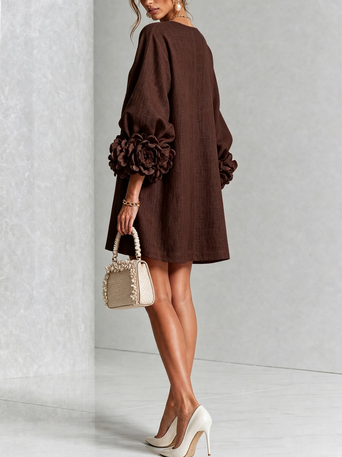 Long Balloon Sleeve 3D Flower Mini Dress