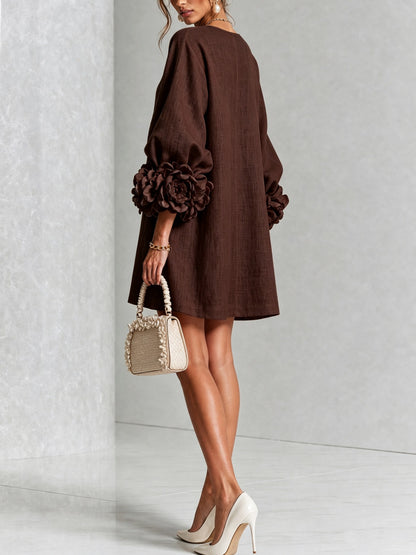 Long Balloon Sleeve 3D Flower Mini Dress