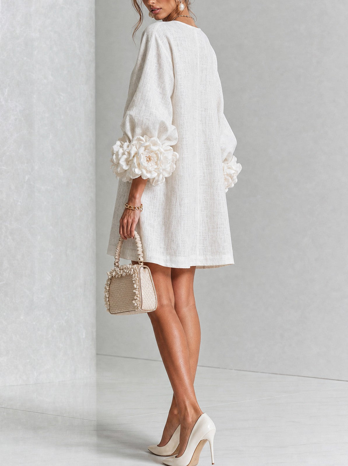 Long Balloon Sleeve 3D Flower Mini Dress