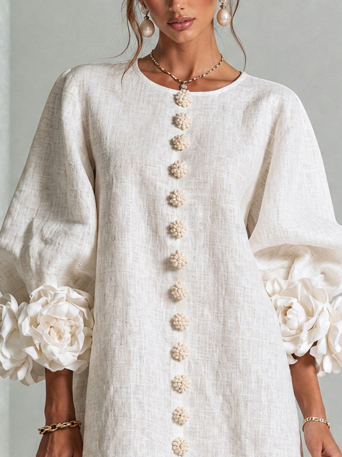 Long Balloon Sleeve 3D Flower Mini Dress