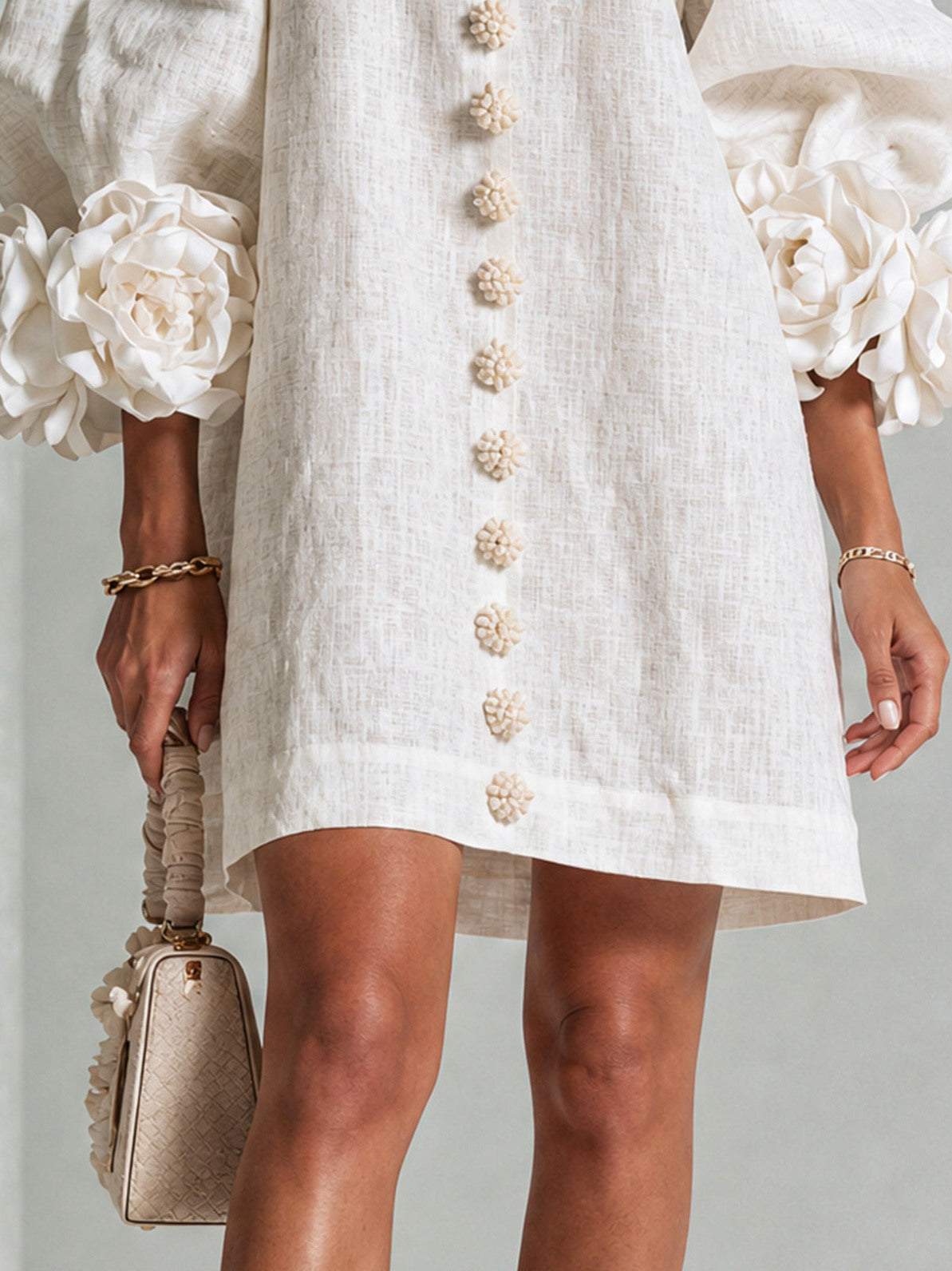 Long Balloon Sleeve 3D Flower Mini Dress