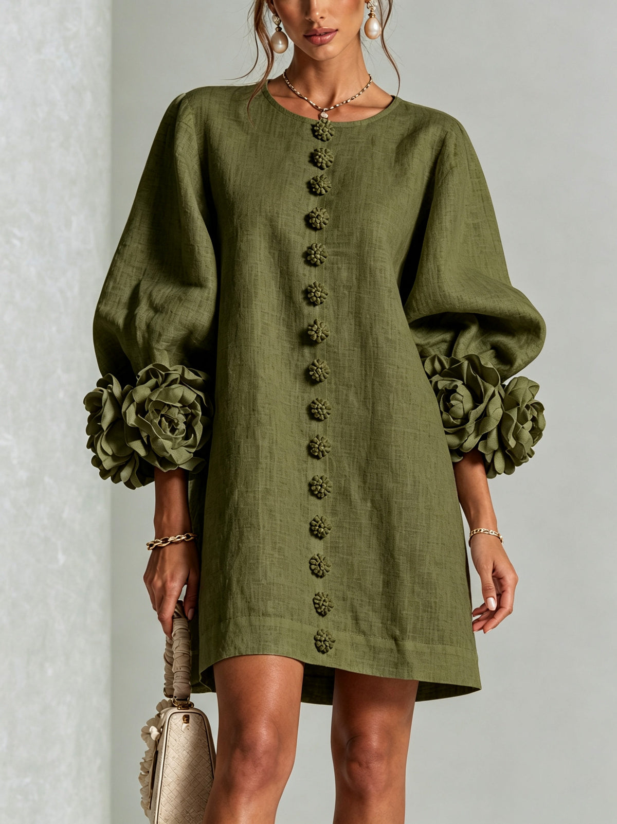 Long Balloon Sleeve 3D Flower Mini Dress