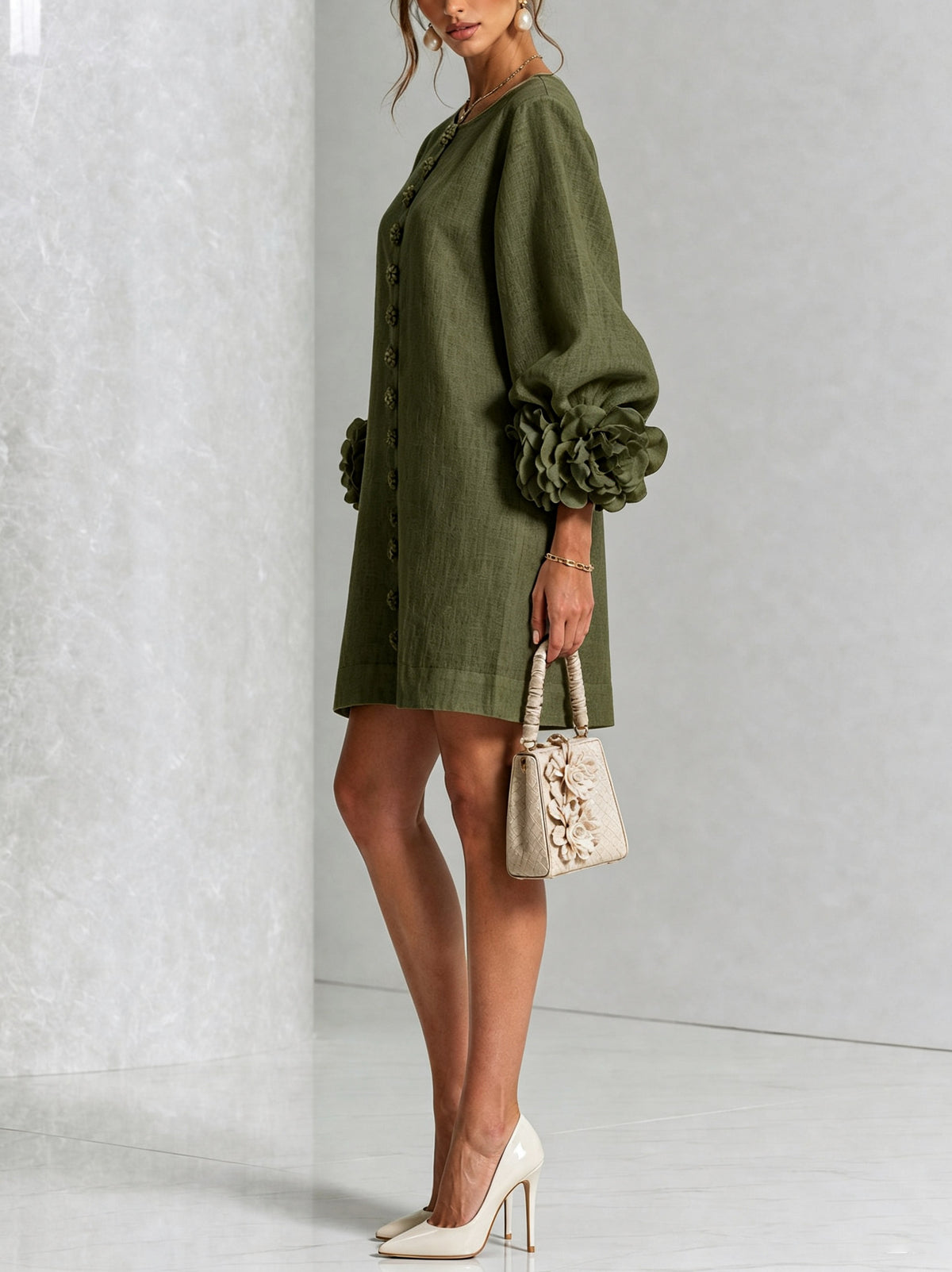 Long Balloon Sleeve 3D Flower Mini Dress