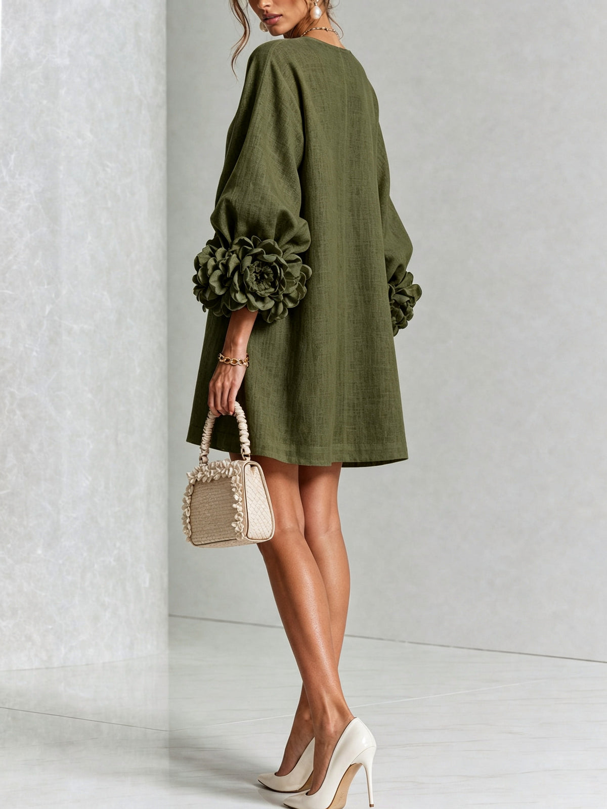 Long Balloon Sleeve 3D Flower Mini Dress