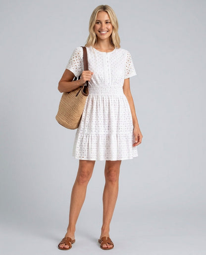 Broderie Smocked Tiered Mini Dress