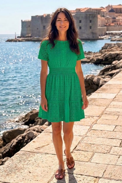 Broderie Smocked Tiered Mini Dress