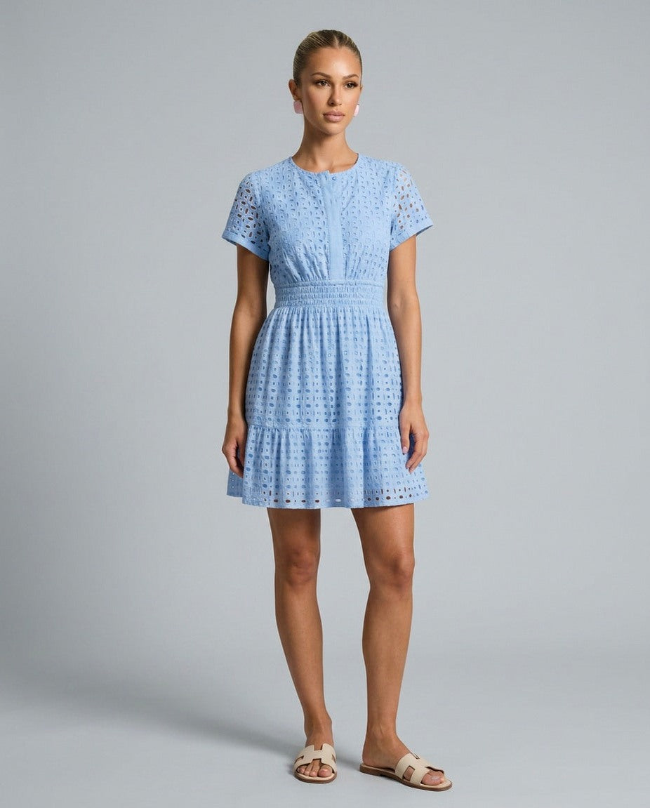 Broderie Smocked Tiered Mini Dress