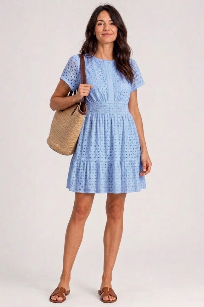 Broderie Smocked Tiered Mini Dress