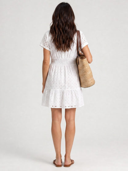 Broderie Smocked Tiered Mini Dress