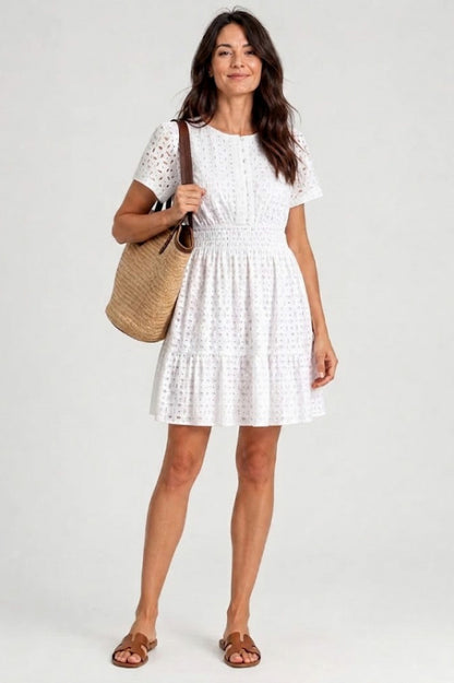 Broderie Smocked Tiered Mini Dress