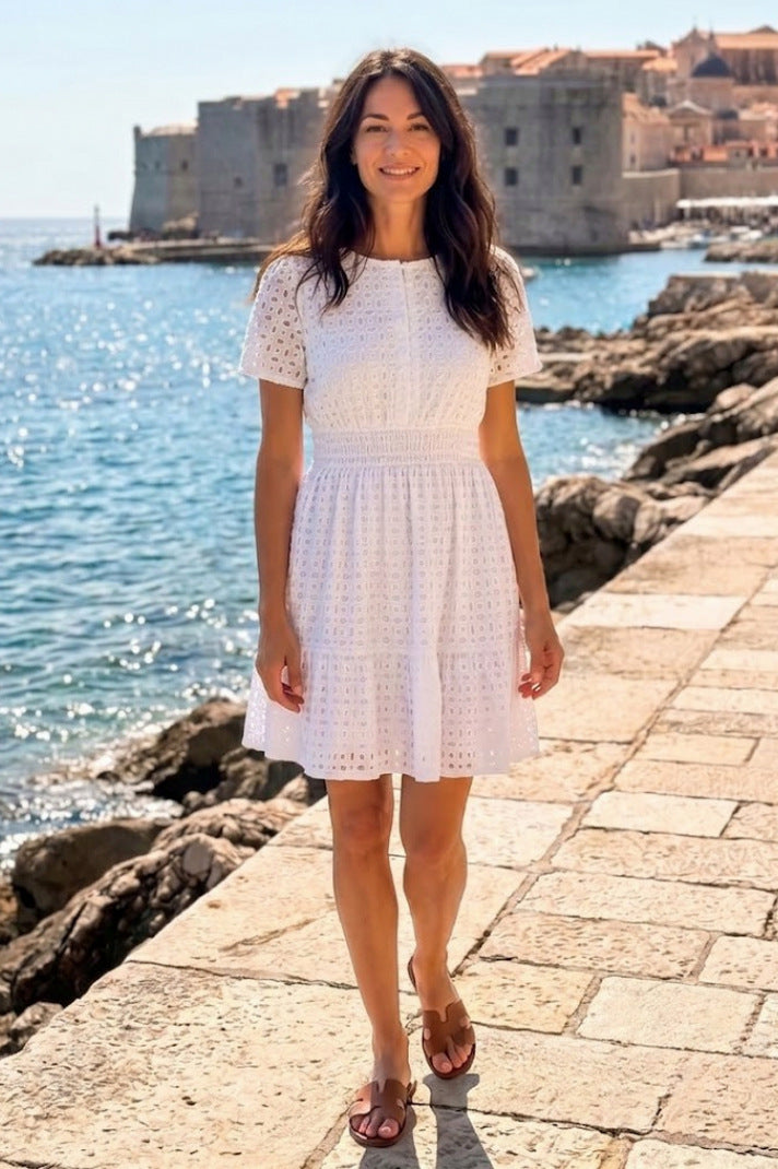 Broderie Smocked Tiered Mini Dress