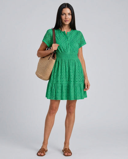 Broderie Smocked Tiered Mini Dress