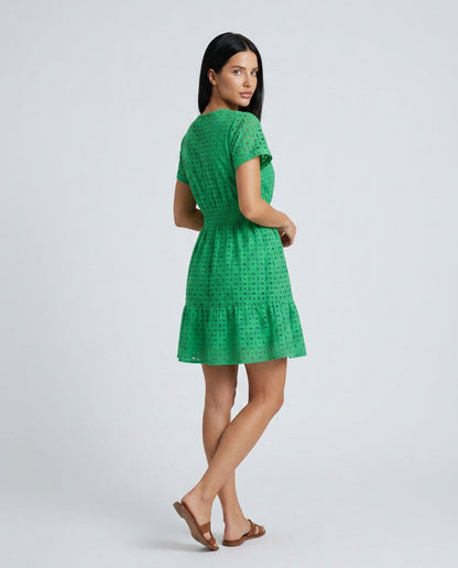 Broderie Smocked Tiered Mini Dress