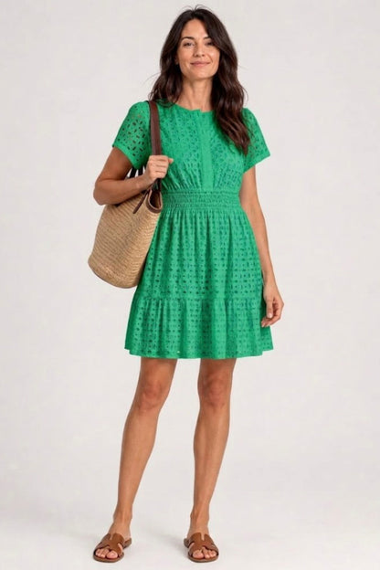 Broderie Smocked Tiered Mini Dress