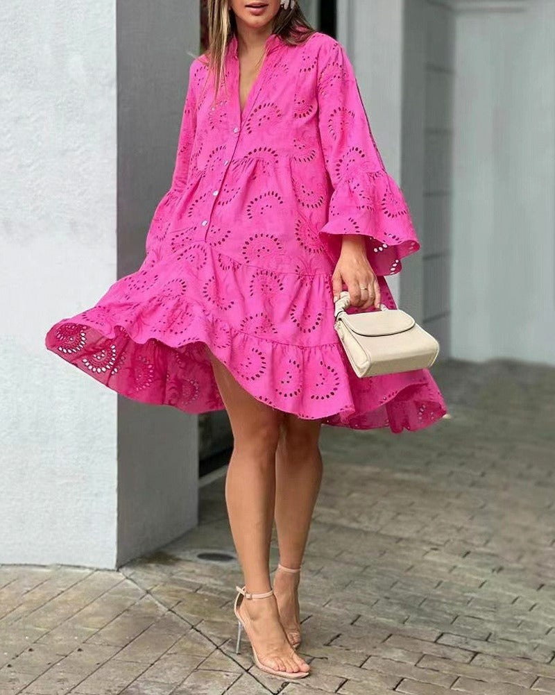 Long Sleeve Broderie Tiered Flounce Sleeve Mini Dress