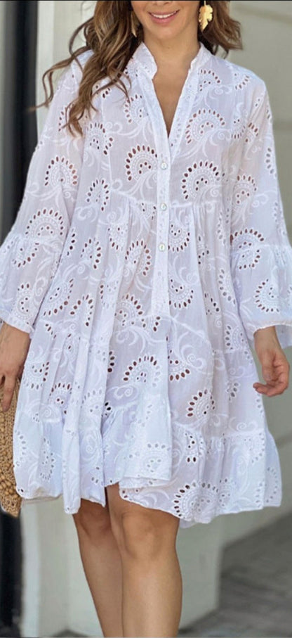Long Sleeve Broderie Tiered Flounce Sleeve Mini Dress