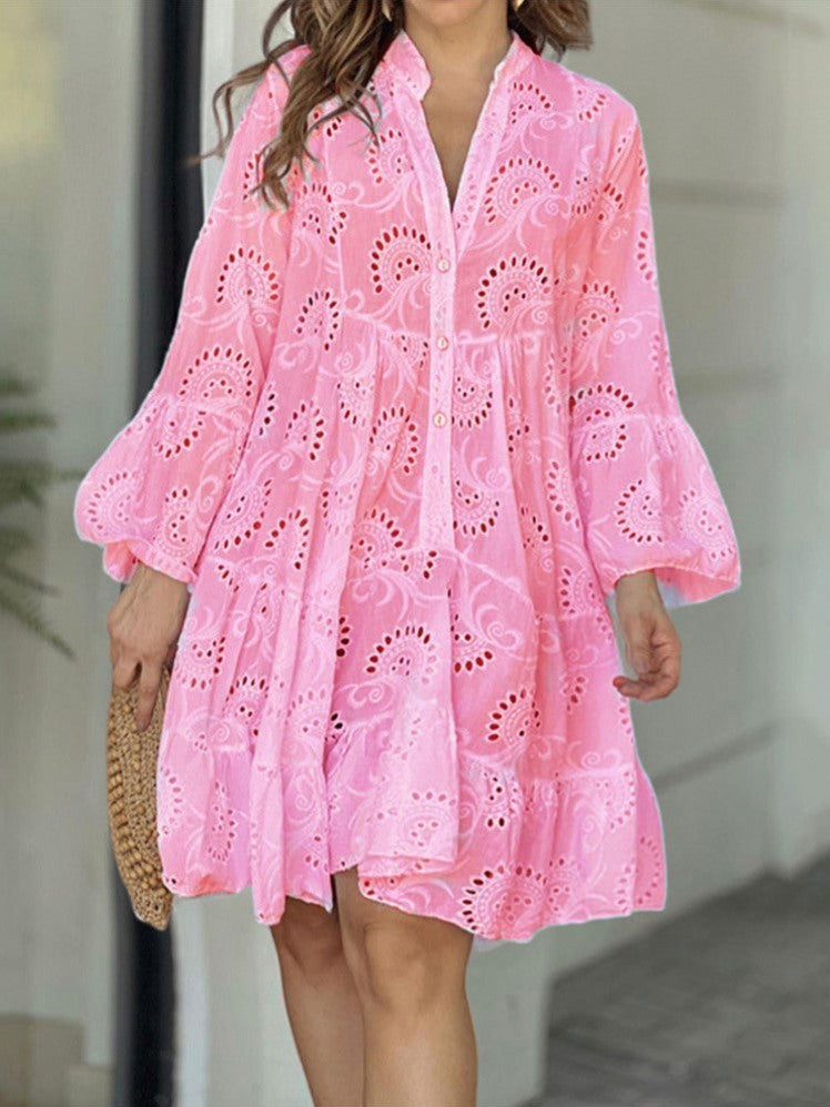 Long Sleeve Broderie Tiered Flounce Sleeve Mini Dress