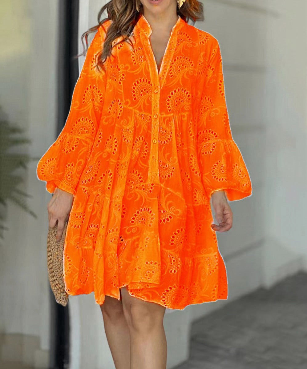 Long Sleeve Broderie Tiered Flounce Sleeve Mini Dress