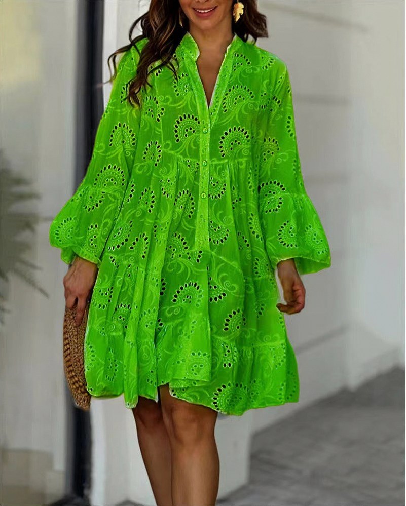 Long Sleeve Broderie Tiered Flounce Sleeve Mini Dress