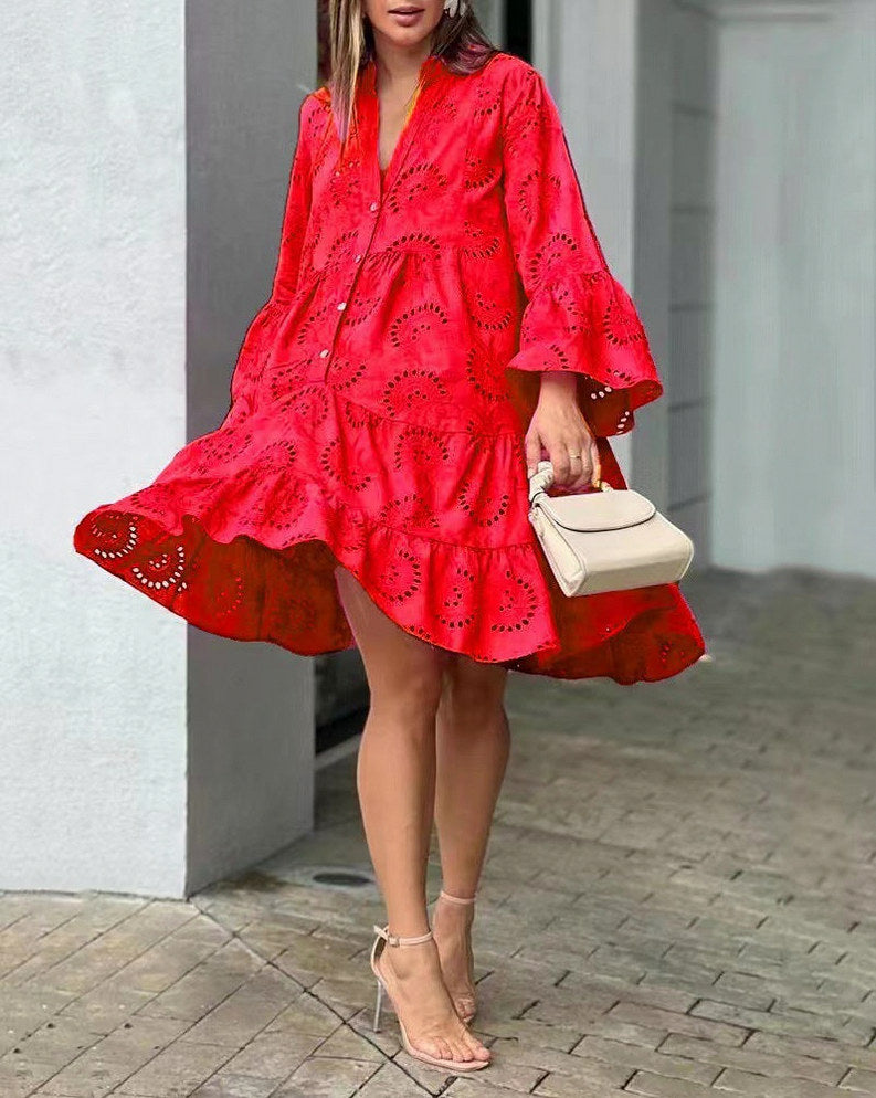 Long Sleeve Broderie Tiered Flounce Sleeve Mini Dress