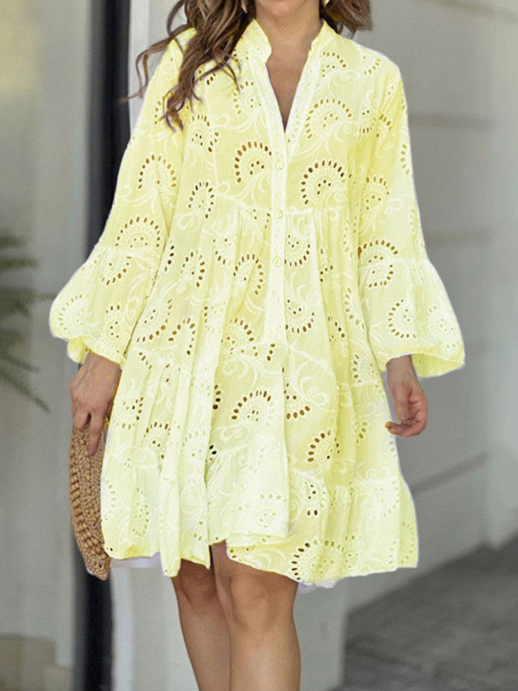 Long Sleeve Broderie Tiered Flounce Sleeve Mini Dress