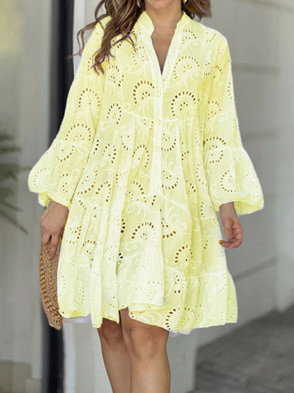 Long Sleeve Broderie Tiered Flounce Sleeve Mini Dress
