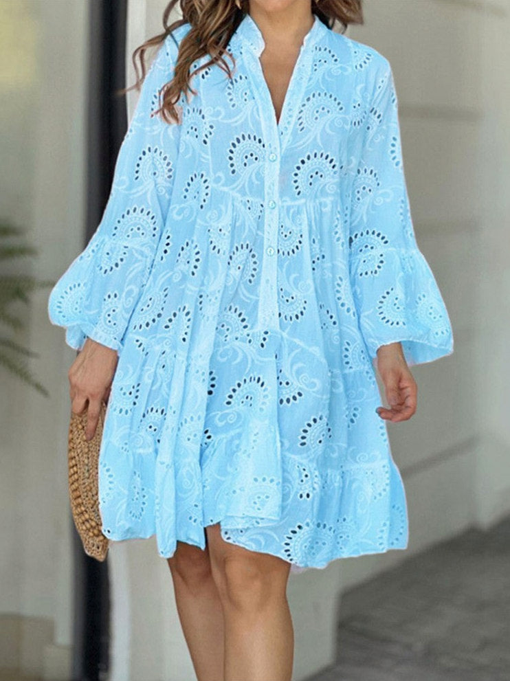 Long Sleeve Broderie Tiered Flounce Sleeve Mini Dress