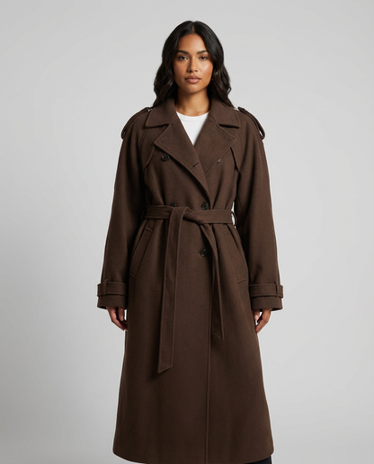 A woman wears a chocolate brown, double-breasted midi trench coat with a self-tie belt, styled over a white knit top and dark pants, holding a brown leather handbag.