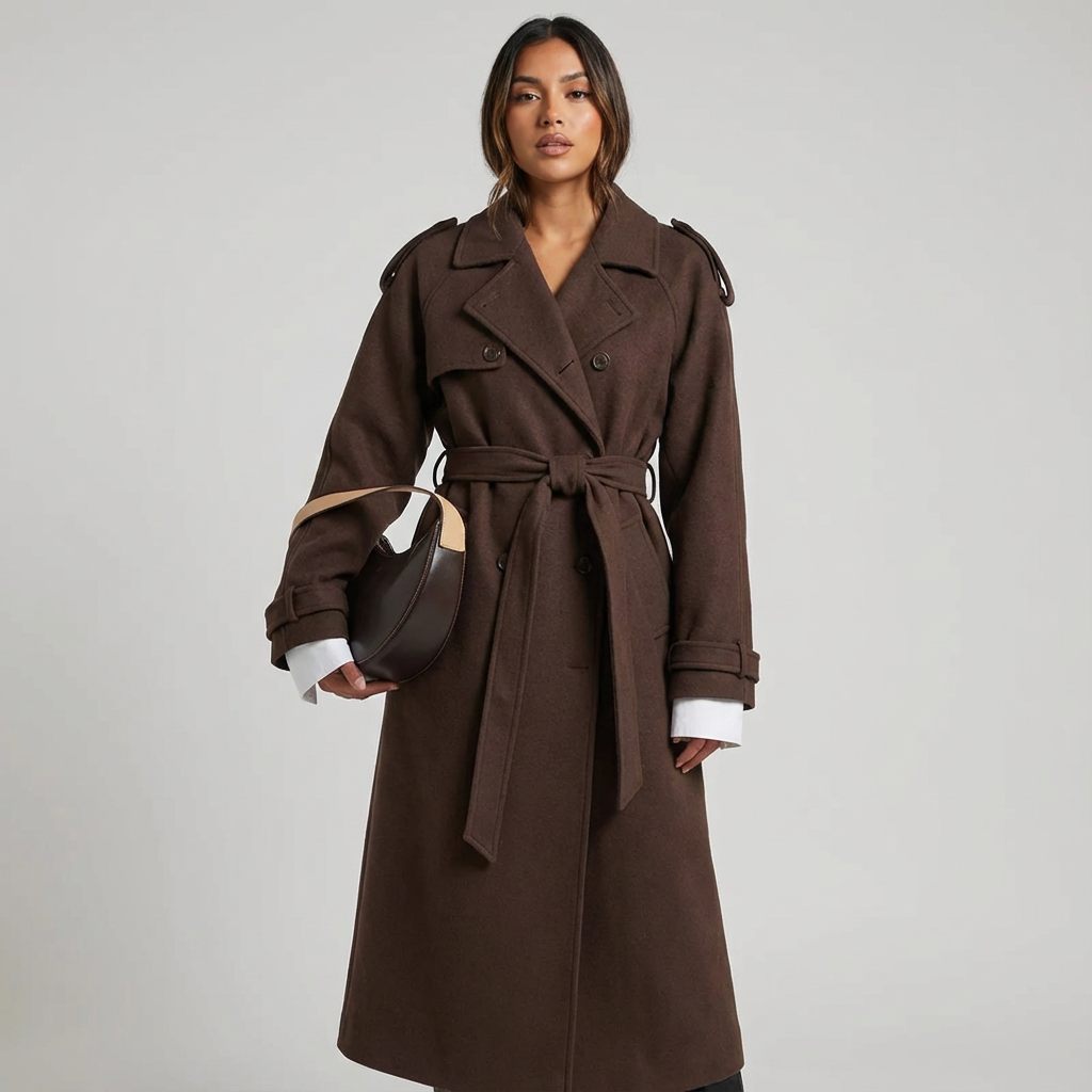 A woman wears a chocolate brown, double-breasted midi trench coat with a self-tie belt, styled over a white knit top and dark pants, holding a brown leather handbag.
