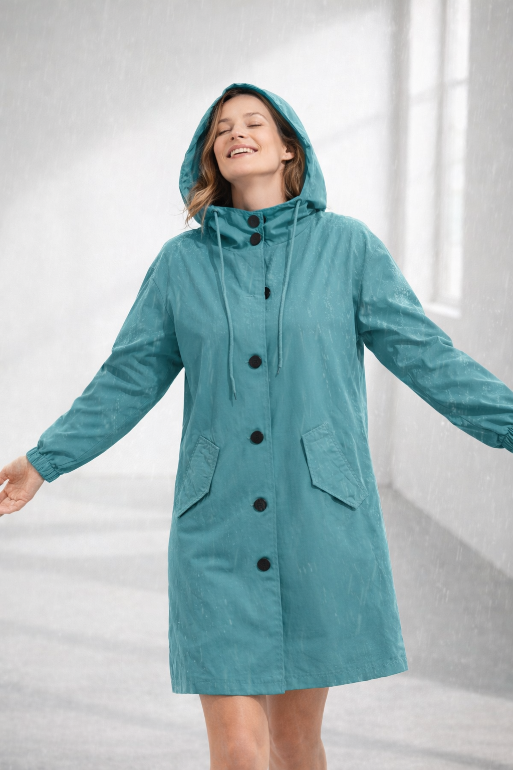 Pink - A woman wearing a teal mid-length hooded coat with a contrast black button-down front, angled flap pockets, and elasticated cuffs, set against a bright minimalist interior.