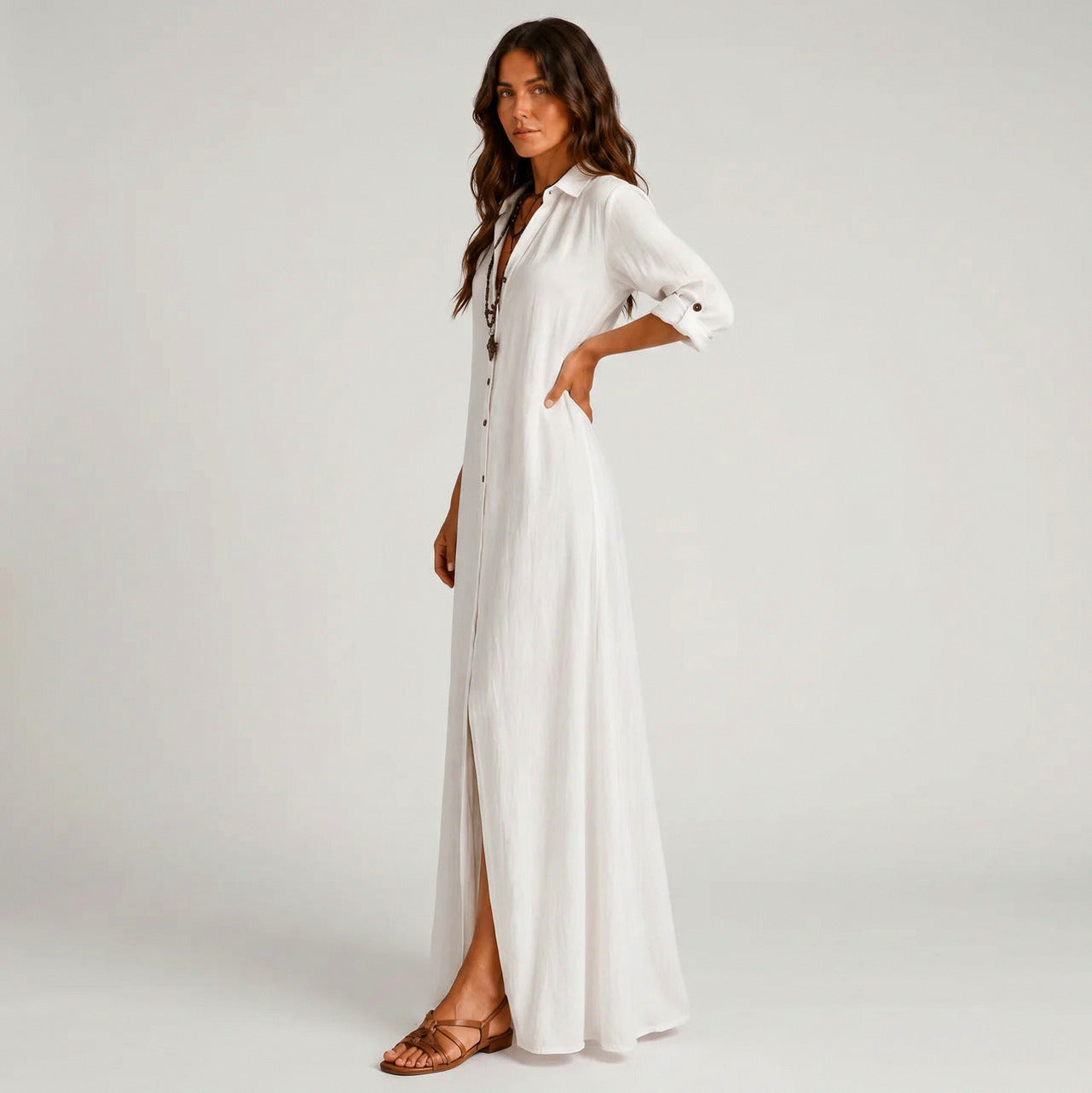 Button Front Maxi Shirt Dress