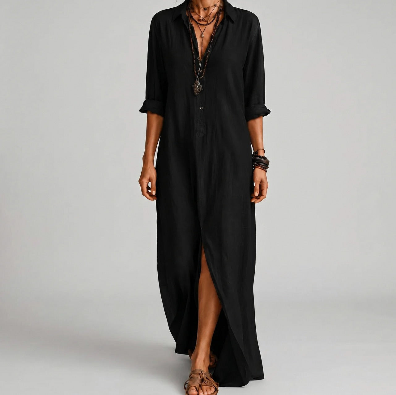 Button Front Maxi Shirt Dress
