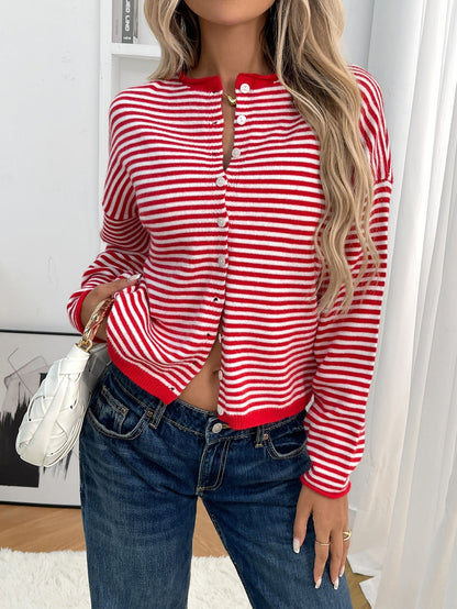 Red - Women's smart casual knit cardigan featuring red and white horizontal stripes, a button-front closure, and a relaxed fit, styled with blue jeans.