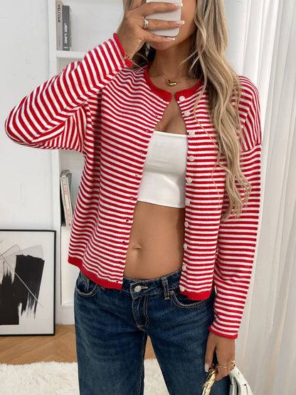 Red - Women's smart casual knit cardigan featuring red and white horizontal stripes, a button-front closure, and a relaxed fit, styled with blue jeans.