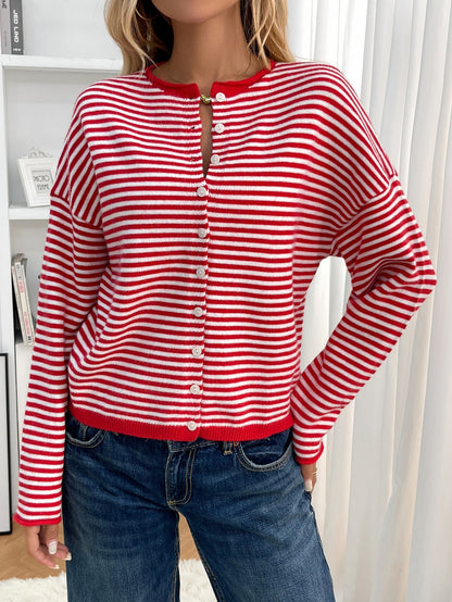 Red - Women's smart casual knit cardigan featuring red and white horizontal stripes, a button-front closure, and a relaxed fit, styled with blue jeans.