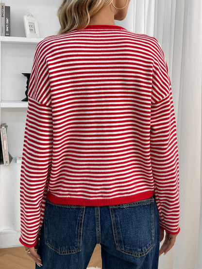Red - Women's smart casual knit cardigan featuring red and white horizontal stripes, a button-front closure, and a relaxed fit, styled with blue jeans.