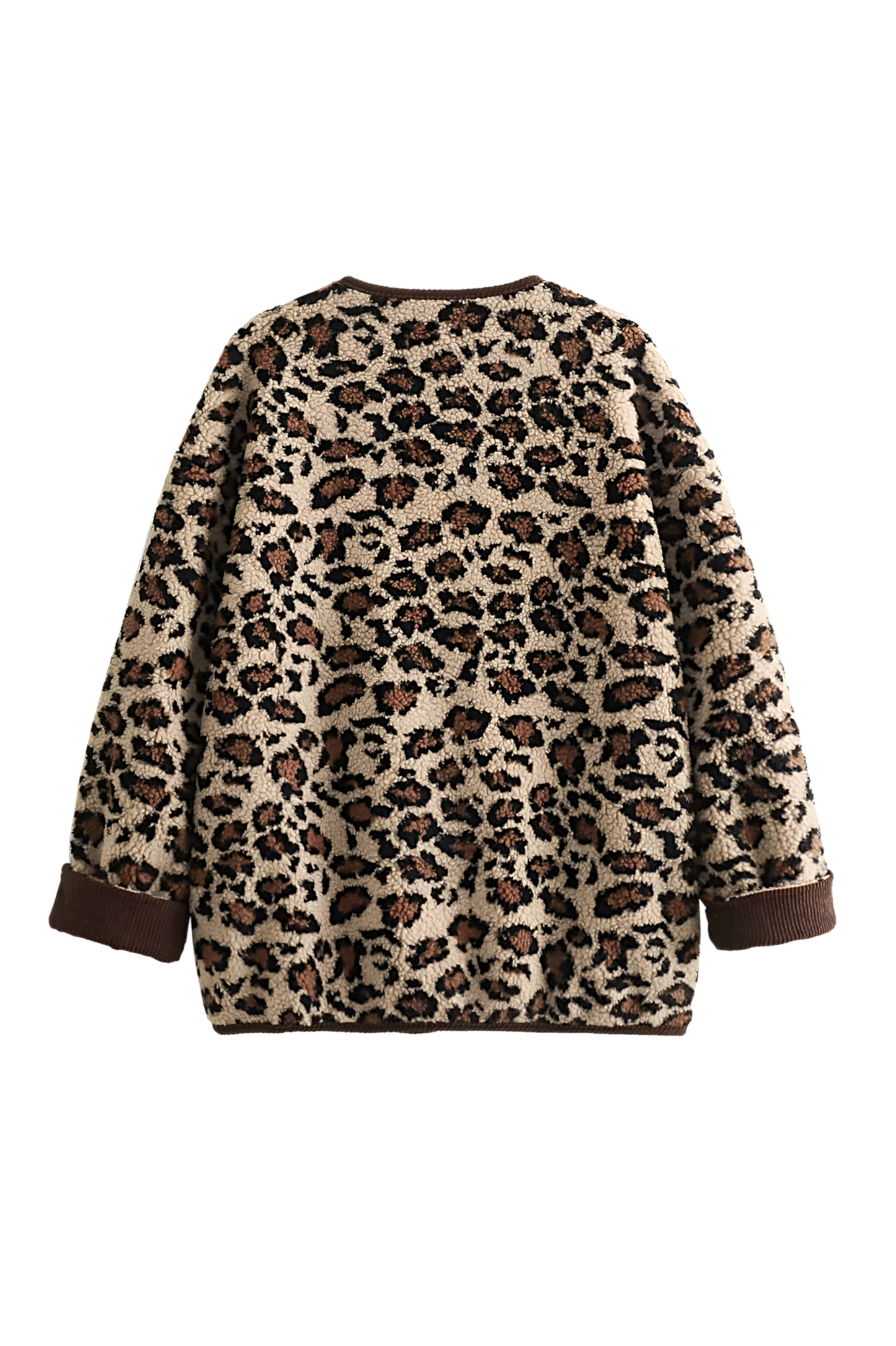 A woman wearing a relaxed-fit, fuzzy knit cardigan featuring a bold leopard print and contrasting dark ribbed placket, styled open over a white top and blue jeans.