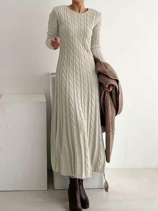 Apricot - Woman wearing a heavyweight long sleeve cable knit maxi dress with an A-line silhouette