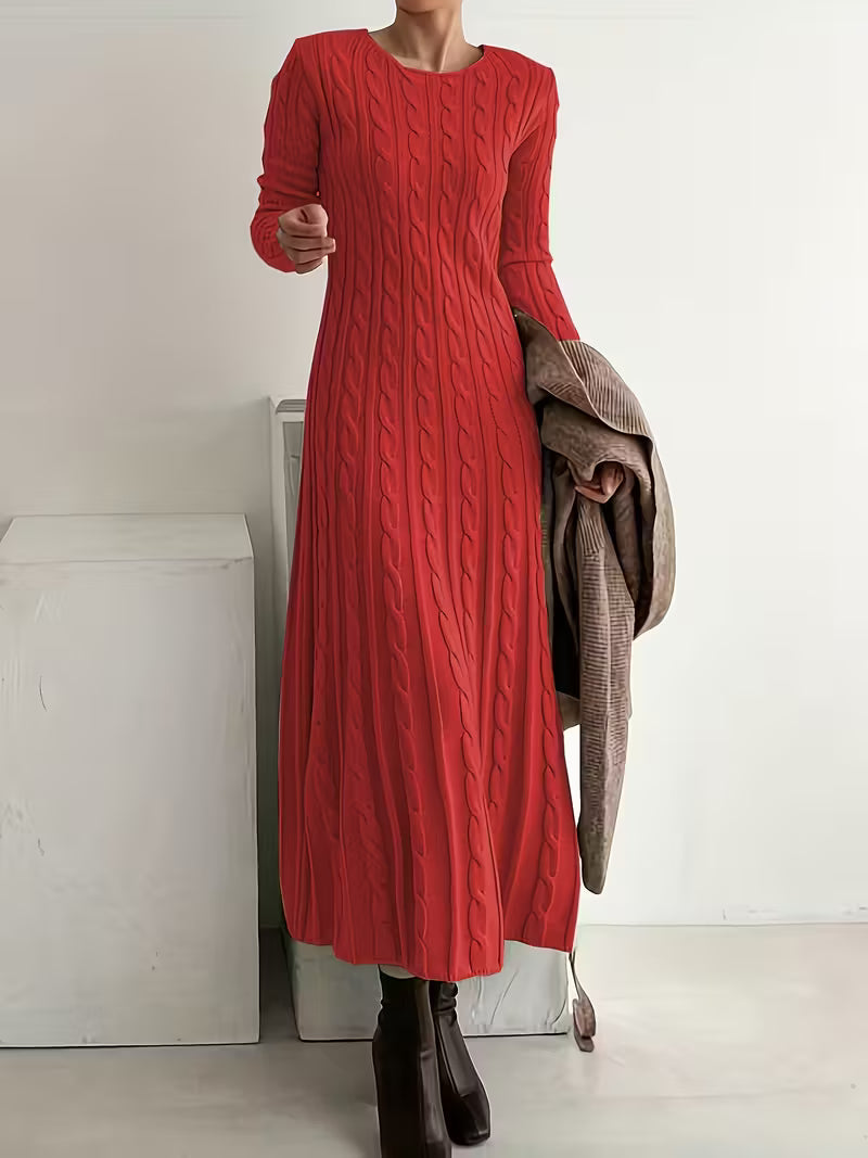 Red - Woman wearing a heavyweight long sleeve cable knit maxi dress with an A-line silhouette