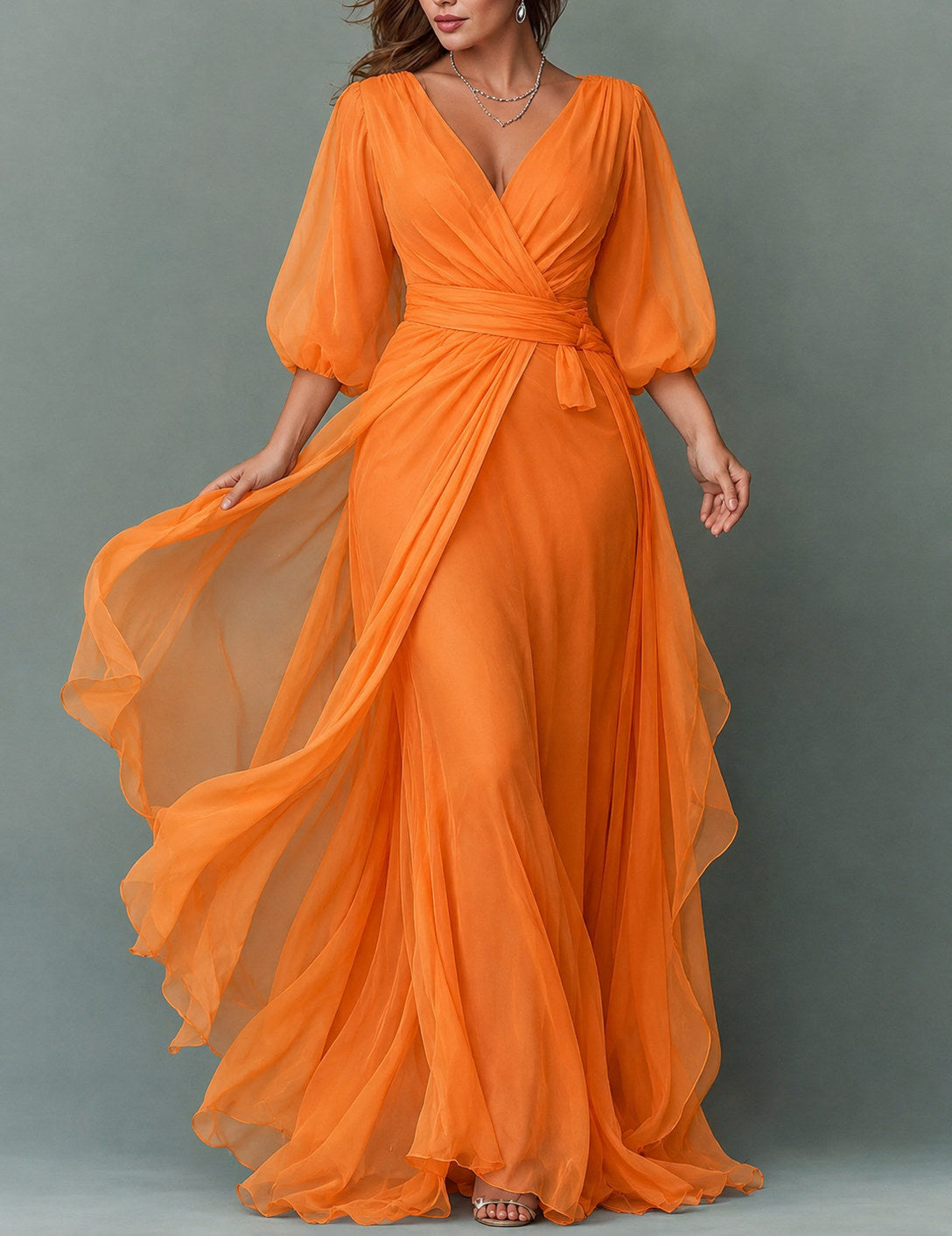 Chiffon 3/4 Sleeve Balloon Sleeve Maxi Dress