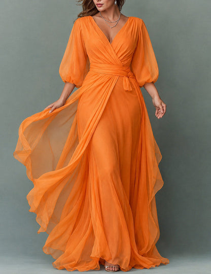 Chiffon 3/4 Sleeve Balloon Sleeve Maxi Dress