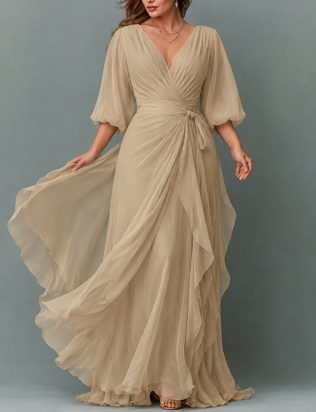 Chiffon 3/4 Sleeve Balloon Sleeve Maxi Dress