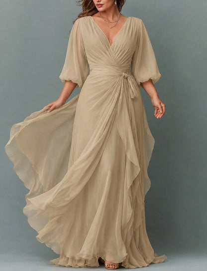 Chiffon 3/4 Sleeve Balloon Sleeve Maxi Dress