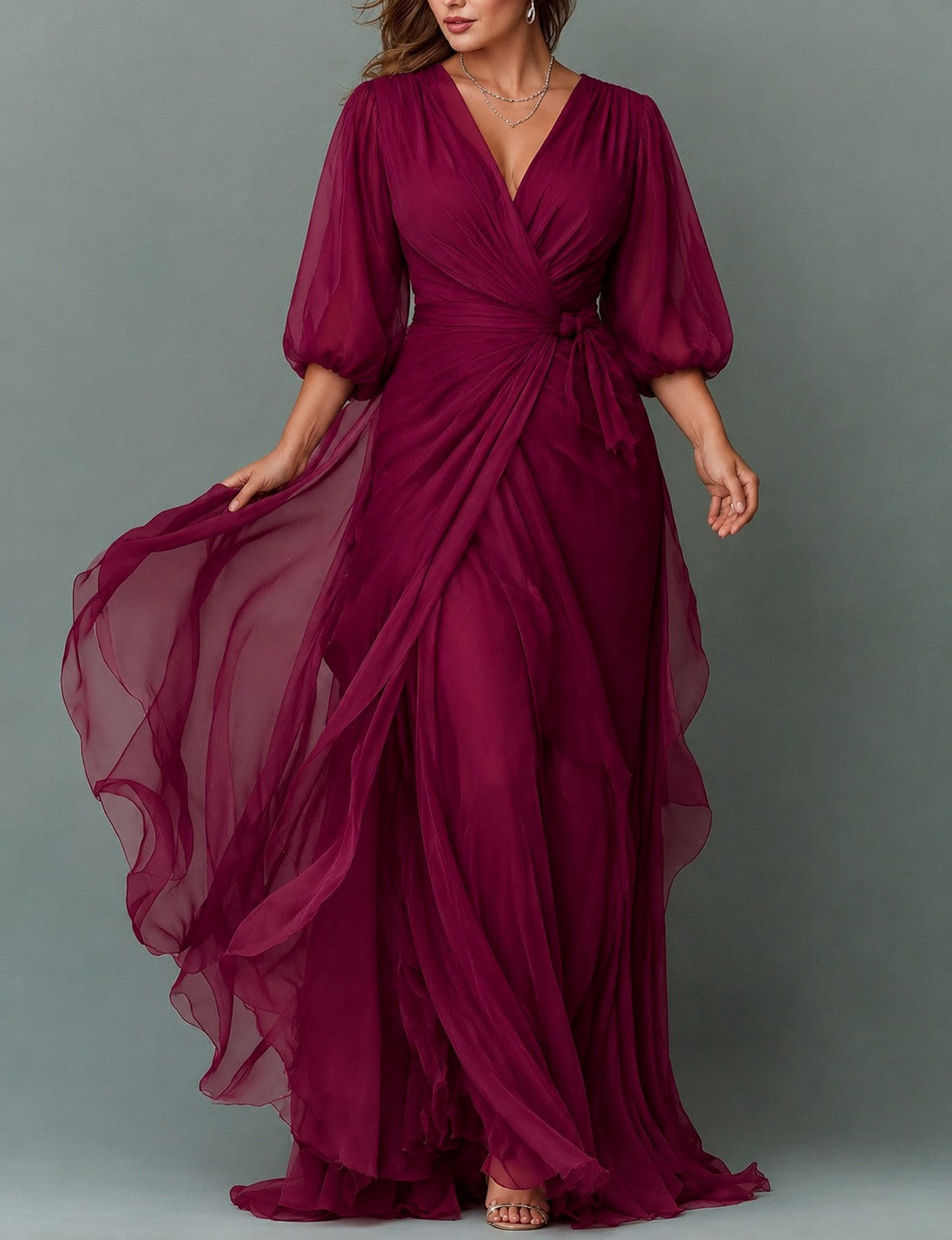 Chiffon 3/4 Sleeve Balloon Sleeve Maxi Dress
