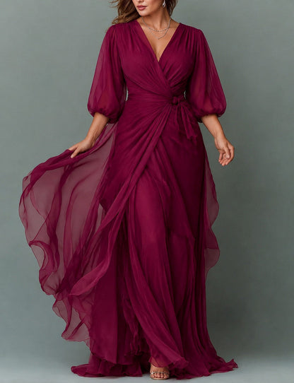 Chiffon 3/4 Sleeve Balloon Sleeve Maxi Dress