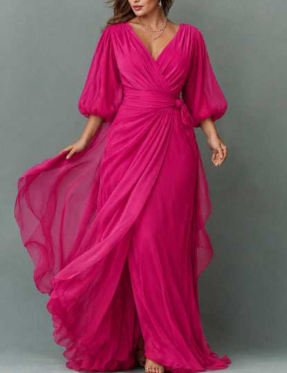 Chiffon 3/4 Sleeve Balloon Sleeve Maxi Dress