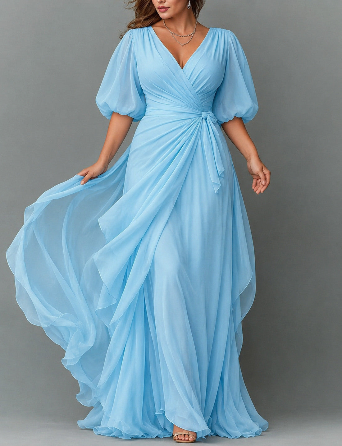 Chiffon 3/4 Sleeve Balloon Sleeve Maxi Dress